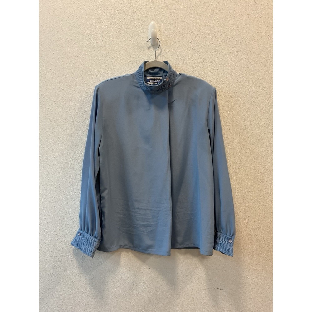 VTG Pendleton Women's 10 Mock Neck Blouse Light Blue Button Up‎ Office Career